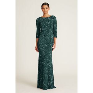 THEIA 3/4 Sleeve Sequin Gown in Pine Size 12 $1400